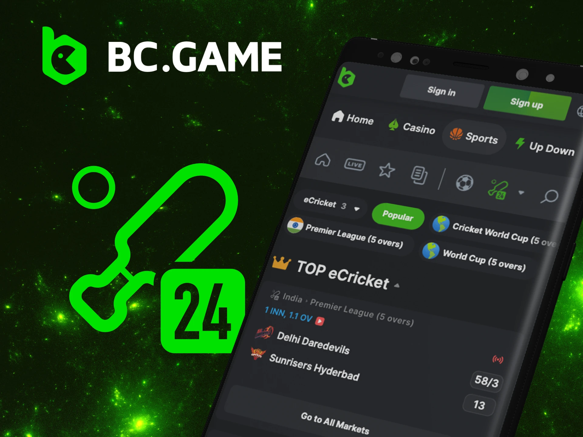 Cricket betting in the BC Game app.