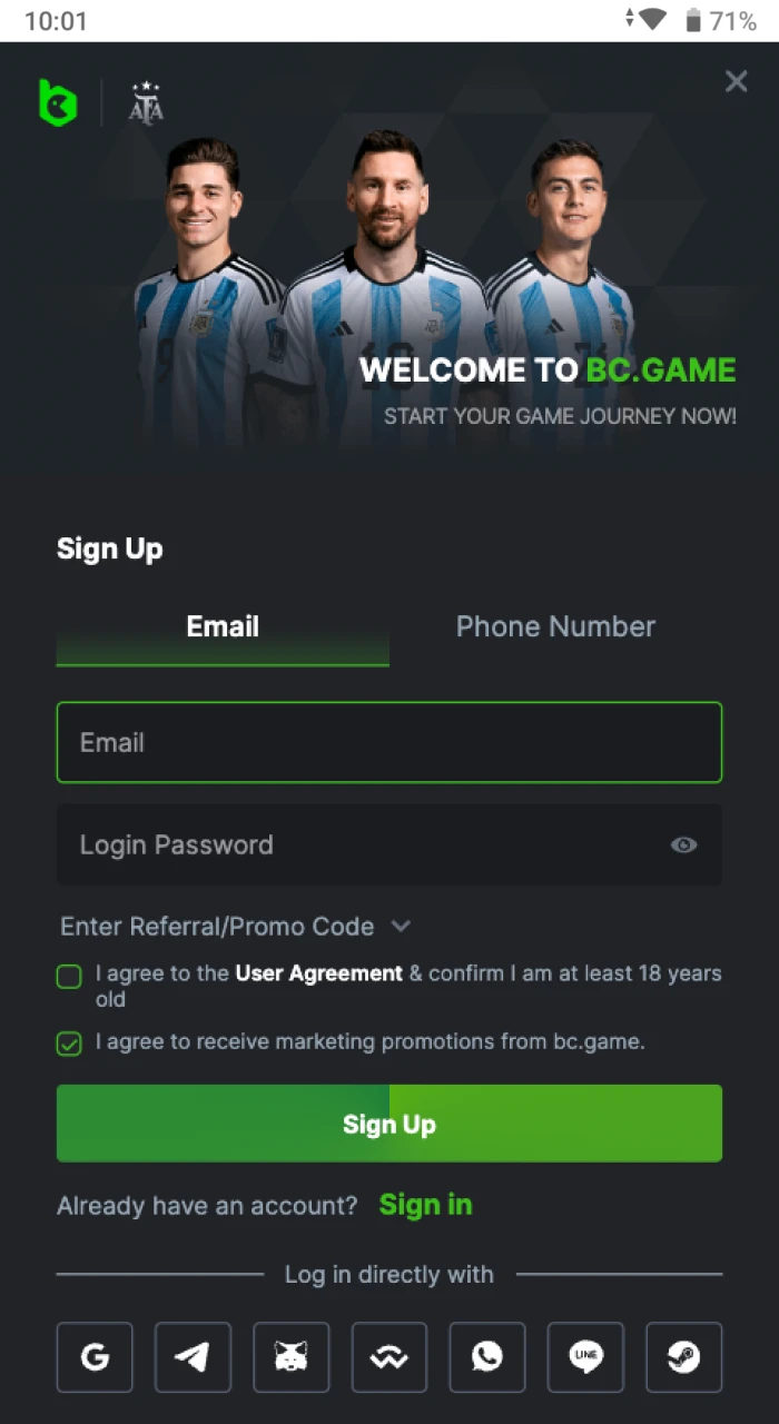 Registration screen of the BC Game latest version.