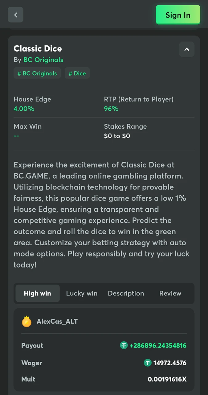 Check out Dice by BC Game and see what the RTP percentage is.