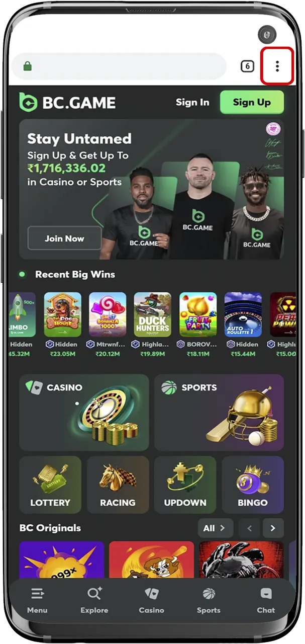 Click on three dots to open the browser menu and add a BC Game shortcut to your device.