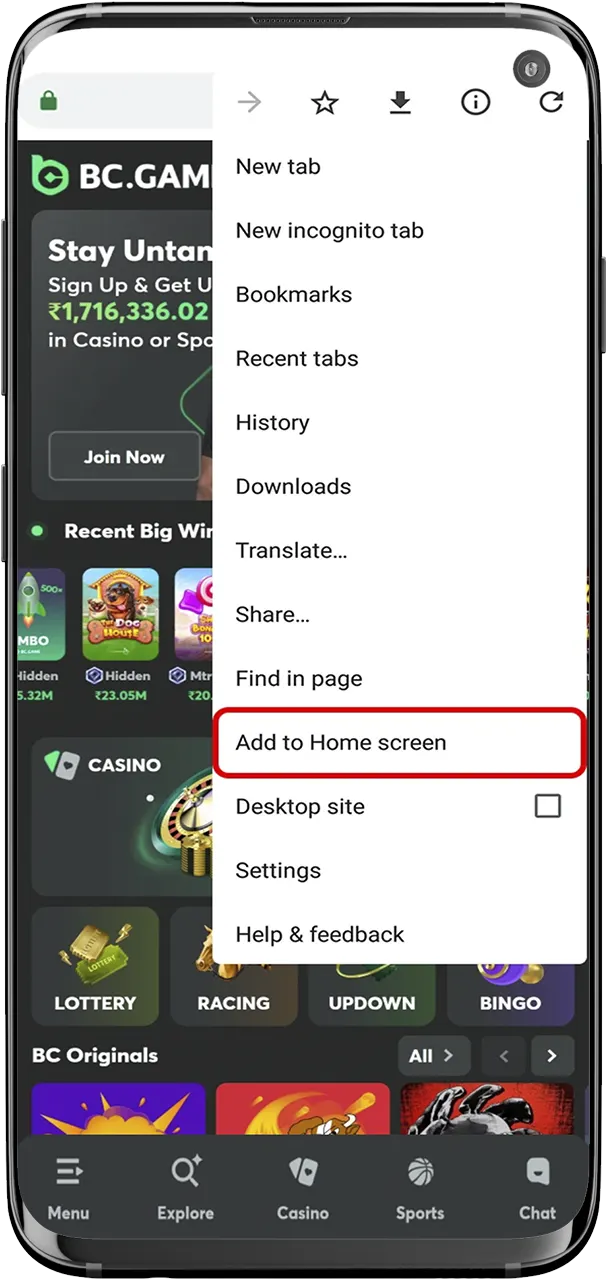 Add the BC Game shortcut via your browser menu.